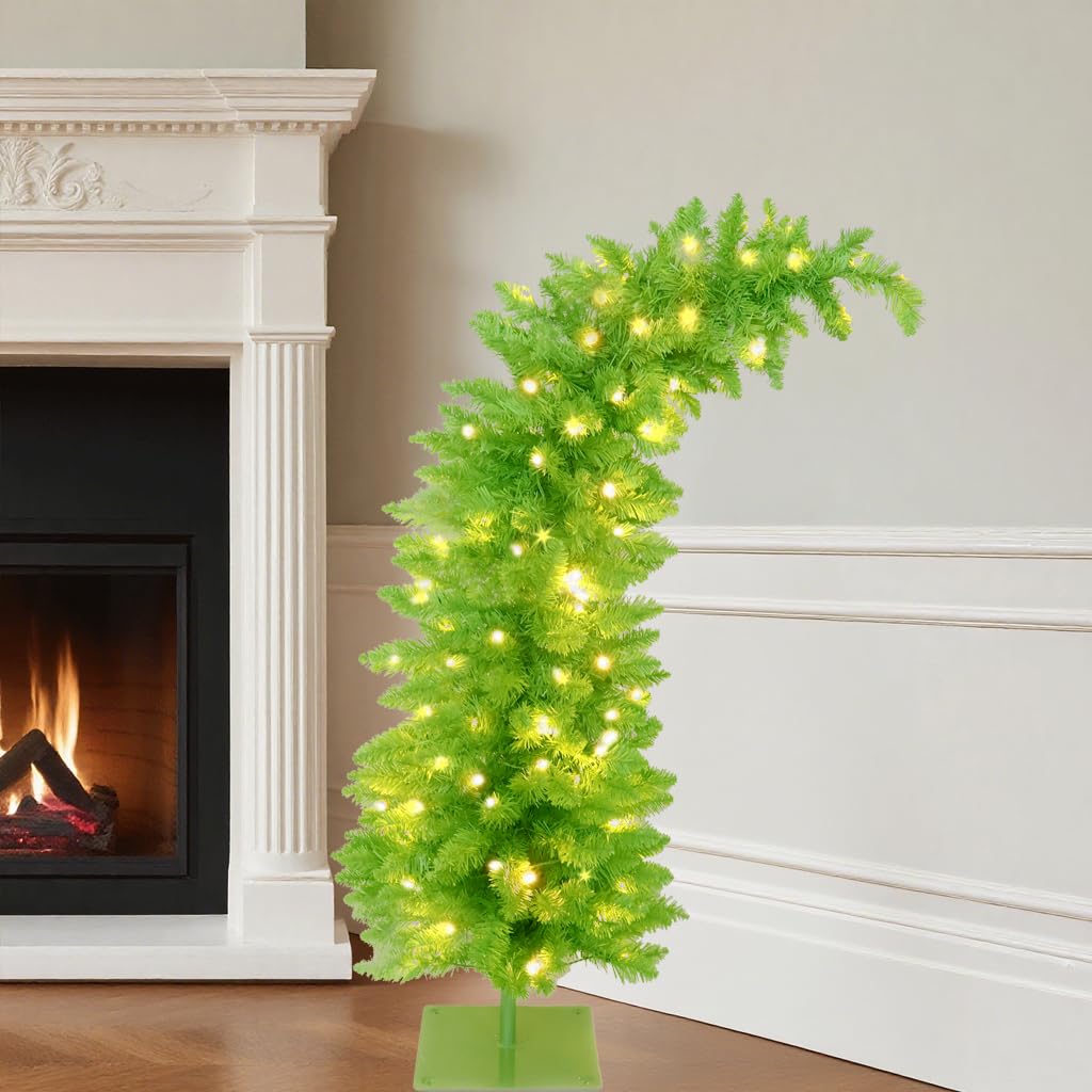 6FT Whimsical Christmas Tree Prelit Curved Shape Artificial Pencil Xmas Tree with Metal Base for Indoor Home Decor