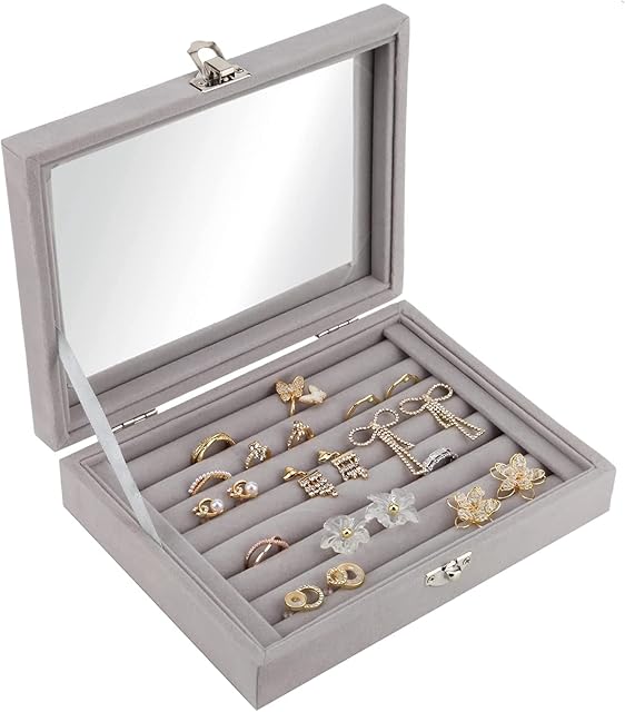 Earring Organizers Ring Holder Storage Boxes for Jewellery Earring Ring, Glass Showcase Display Jewellery Organizer Box Tray for Rings Earring Velvet Earring Display Storage Box for Women Ladies Girls