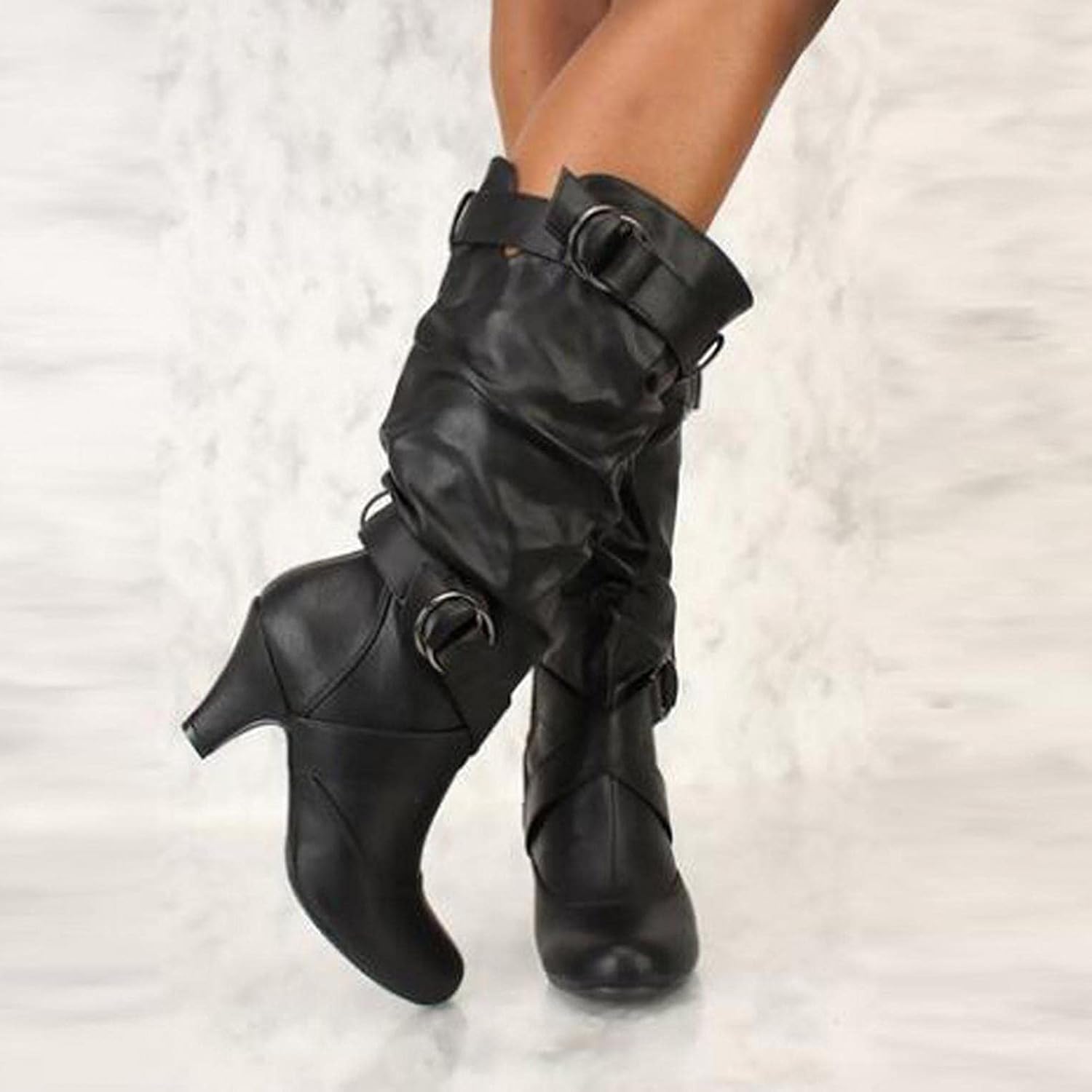 Hbeylia Boots For Women Fashion Slouchy Ruched Leather Round Toe Chunky Mid Heels Mid Calf Riding Boots With Side Zip Stacked Wide Knee High Combat Cowboy Tall Boots Dress Pump Shoes For Wedding