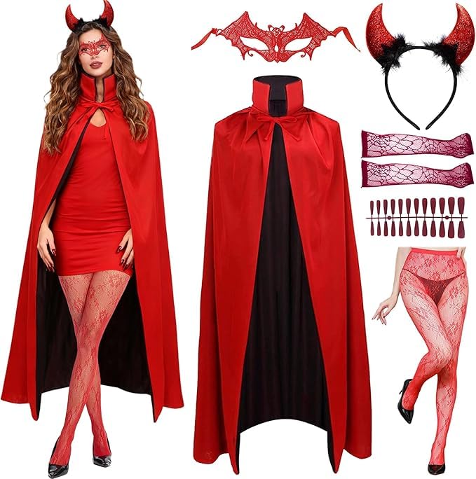 Shengruili Teufel Kostüm Damen,Halloween Kostüm Teufel,Gruselig Teufel Umhang Set,Beidseitig Rot Schwarz Umhang,Halloween Cape Dracula Kostüme mit...