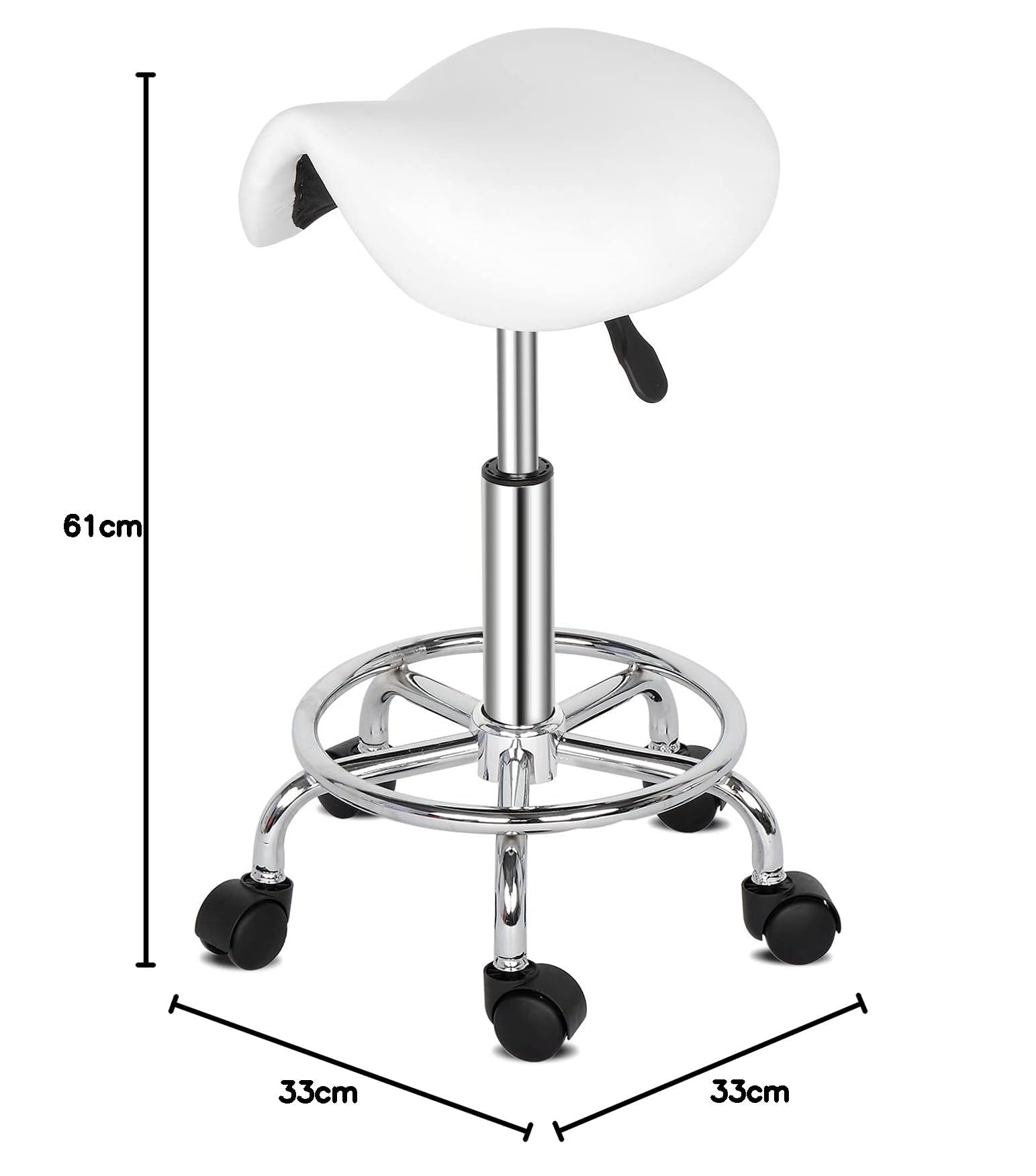 Bonnlo Tabouret de Selle, Tabouret à roulettes Réglable en Hauteur, Tabouret de Travail Pivotant à 360°, Tabouret Pivotant pour Bureau/Salon/Bar, Similicuir (1, Blanc, 65 x 37 x 34 cm)