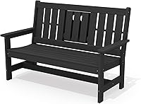 SERWALL 58" HDPE Outdoor Bench for 3 with Foldable Cup Holder, Weatherproof Park Bench High Backrest Black