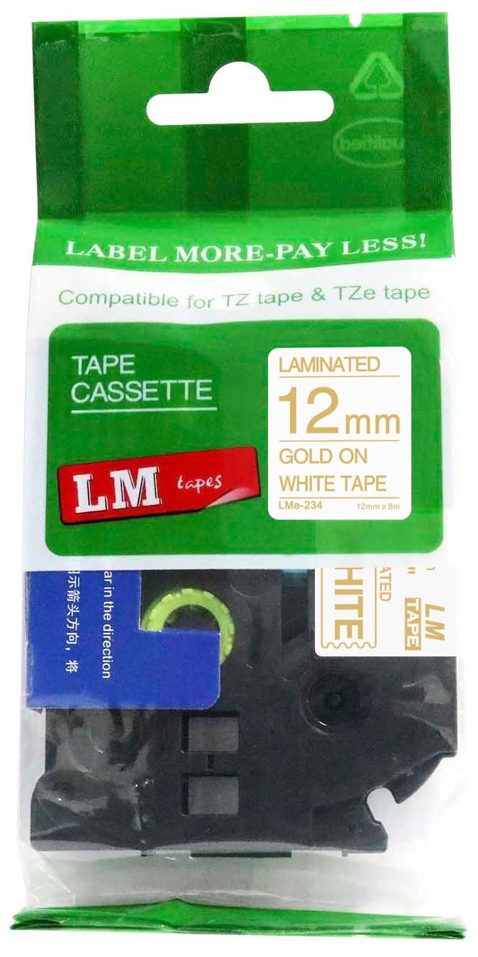 LM Tapes - Premium 1/2" (12mm) Gold on White Compatible TZe P-Touch Tape for use with Brother PT-2030, PT2030, PT-2030AD, PT2030AD Ptouch Label
