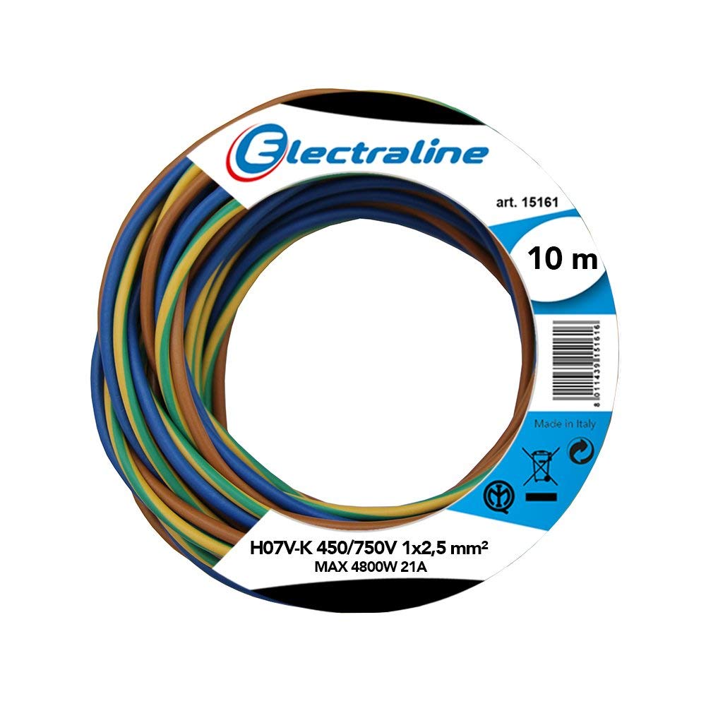 Electraline 25149 Cavo Unipolare N07V-K, Sezione 1x2.5 mm, 10 mt, Marrone/Blu/Verde/Giallo & 25139 Cavo Unipolare N07V-K, Sezione 1x1.5 mm, 10 mt, Marrone/Blu/Verde/Giallo