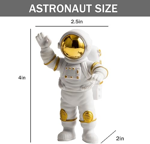 Miniatura 5 de WINUSD Juego de 4 adornos dorados de estatua de astronauta de poliresina, decoración de 3 piezas de espejo y 1 llavero para habitación, automóvil,