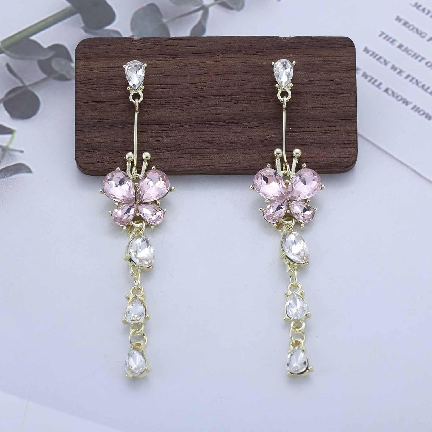Pink Crystal Butterfly Dangle Earrings Teardrop Rhinestone Tassel Earrings Long Linear Cz Drop Earrings Gold Cz Butterfly Drop Earrings Jewelry for Women - Image 3