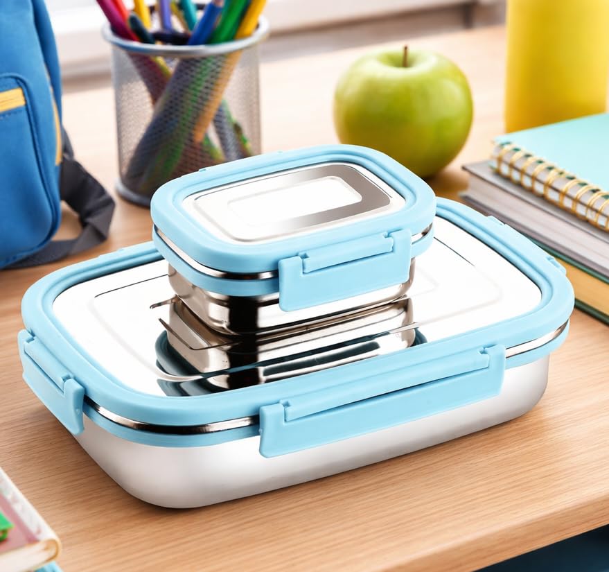 Image of Stainless Steel Lunch Box for Office School Use | Airtight Steel Food Containers with 4 Side Clip Locks | Slim Rectangle Shaped Lunch Box for Kids Men Women Boys Girls (900+200ml)