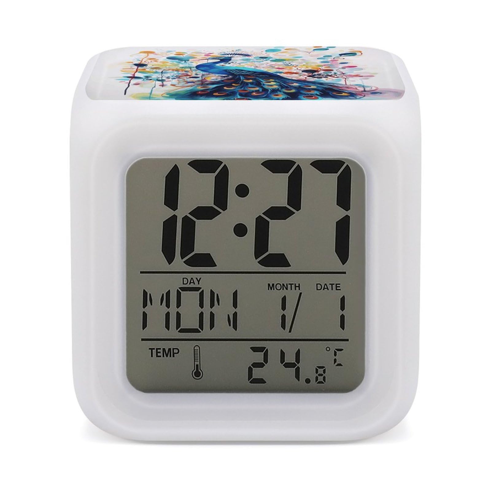 VstaDank Color Peacock Digital Alarm Clock LED Display Screen Color Change Alarms Clock Smart Alarm Clock Wake Up Digital Clocks with 7 Color Nightlight for Bedroom