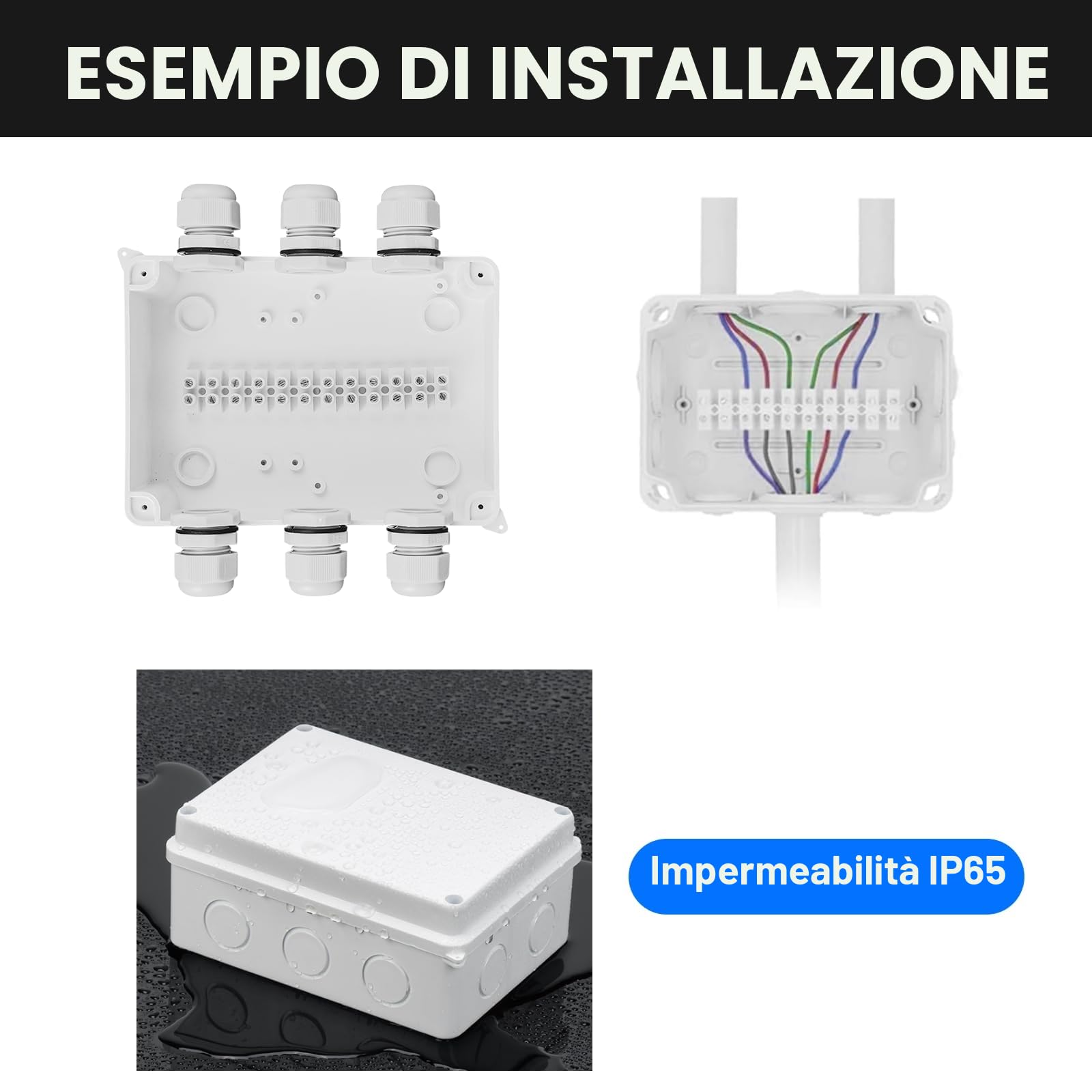 Scatola di Derivazione Impermeabile IP65 da Parete 150x110x70 mm, con 10 pressacavi M20 con guarnizione, inclusa sega a tazza da 20 mm, adatta per cavi Ø6–12 mm