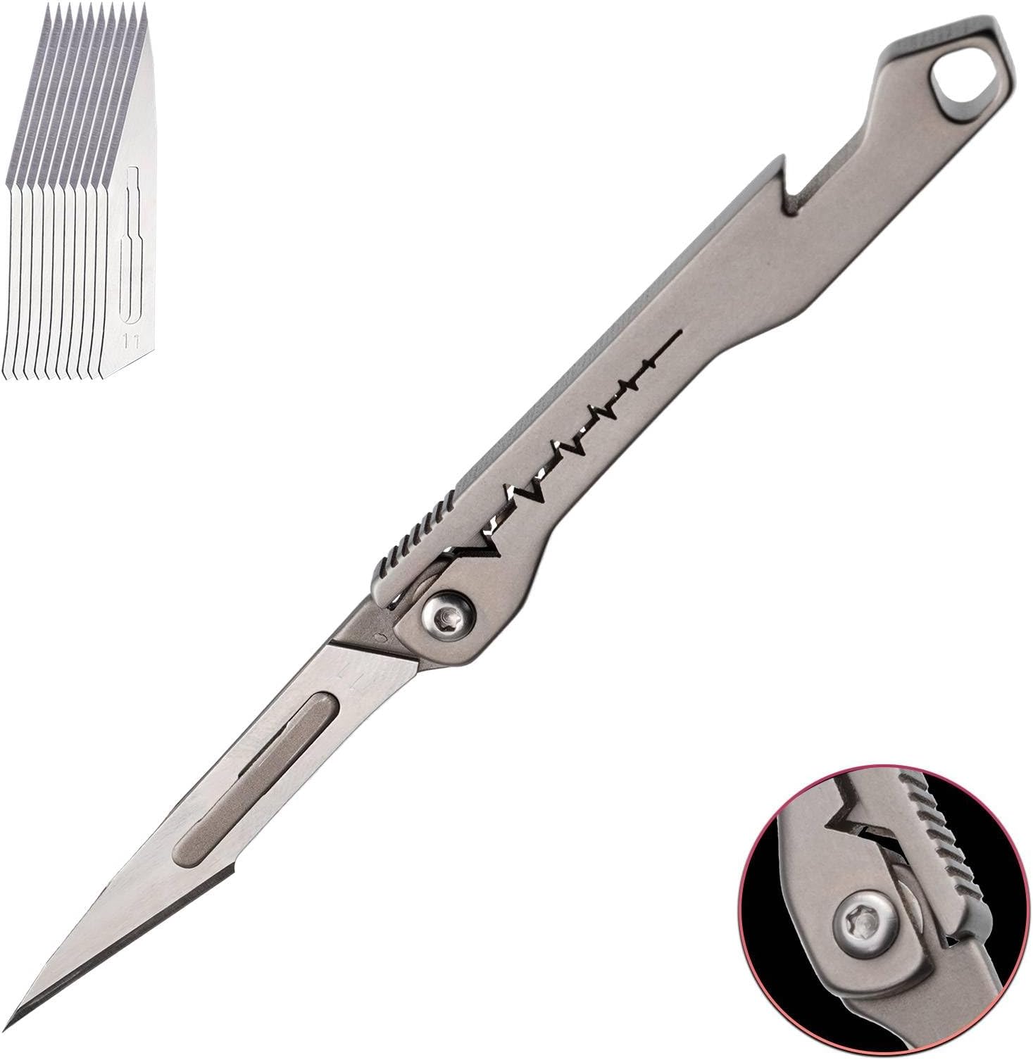 Mini Titanium Handle Folding Utility Scalpel with 10 Pieces 11# Scalpel Blades (Gray)