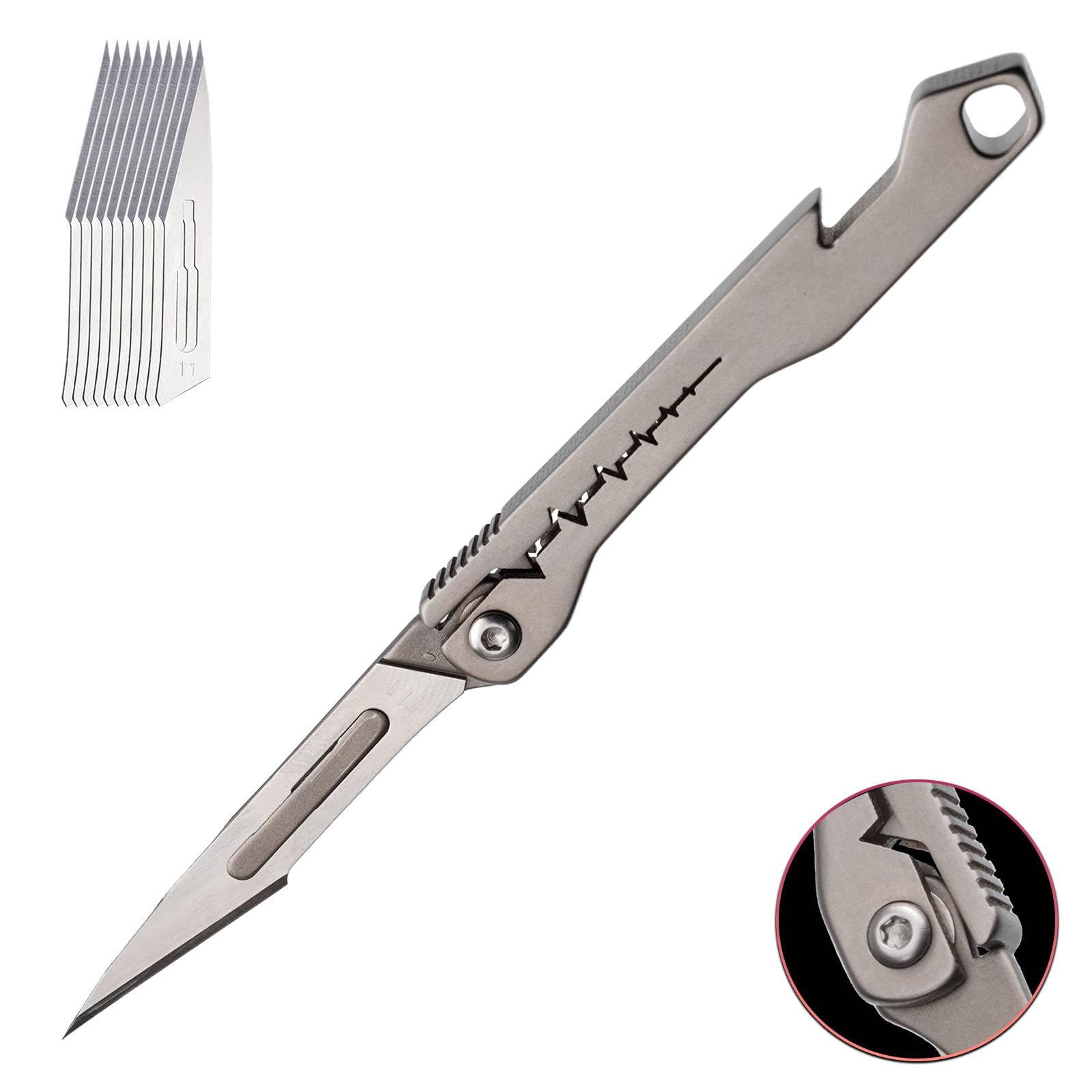 Mini Titanium Handle Folding Utility Scalpel with 10 Pieces 11# Scalpel Blades (Gray)
