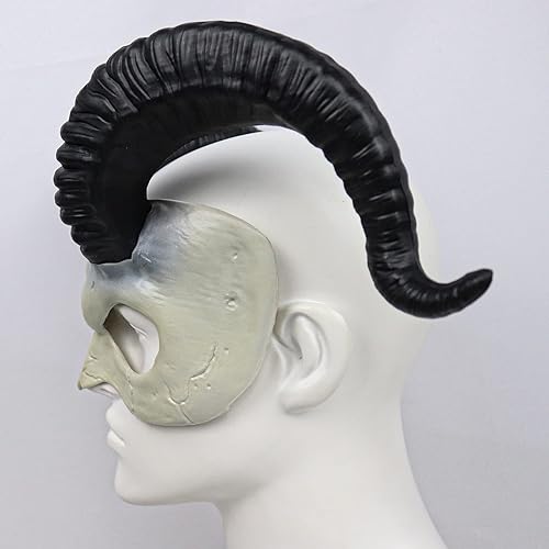 Miniatura 4 de Lyxaof - Máscara realista de calavera de animal con cuernos de carnero de cabra, disfraz de Halloween, cuernos de demonio de monstruo