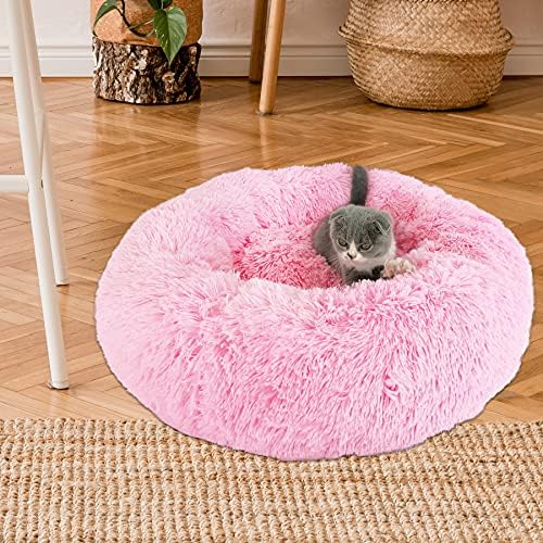 KENIY Plush Donut Pet Bed,Dog Bed Warm Kennel Puppy Sofa,with Soft Cushion Round Cave Bed Pet Cat Bed for Cats and Small Dogs,Anti-Slip Bottom,Machine Washable.(M-19.7"*19.7"/Pink)