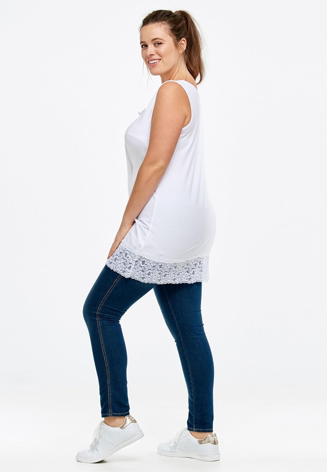 ellos Plus Size Cotton Spandex Lace Trimmed Scoop Neck Sleeveless Tunic