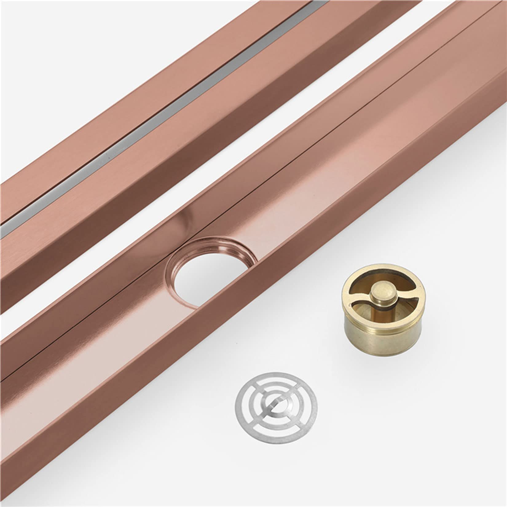 Angosto Canaleta de Ducha de Acero Inoxidable Desagüe de Ducha Rectangular con Cubierta Extraíble y Canal Lineal de Drenaje Rápido para Cocina, Baño, Ducha, Ga(Color:Oro Rosa Cepillado)