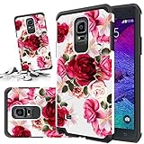 for Samsung Galaxy Note 4 Case, Rubber Heavy Duty Protective Sturdy Durable Hybrid Dual Layer Cover (Red Floral Rose)