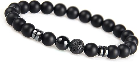 GD GOOD.designs EST. 2015 Men’s Pearl Bracelet, with Black, 8 mm Lava Stone, Onyx Beads, Elastic Bead Bracelet, Gift for Men, Made of Natural Stones