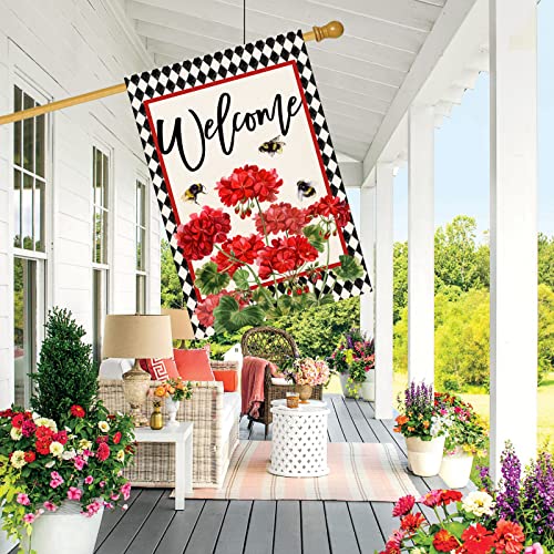 Baccessor Spring Summer Geranium Welcome House Flag Double Sided Summer Bee Red Floral Buffalo Plaid Burlap Large Flag House Seasonal Farmhouse Outside Outdoor Decoration 28 X 40 Inch #TOP2
