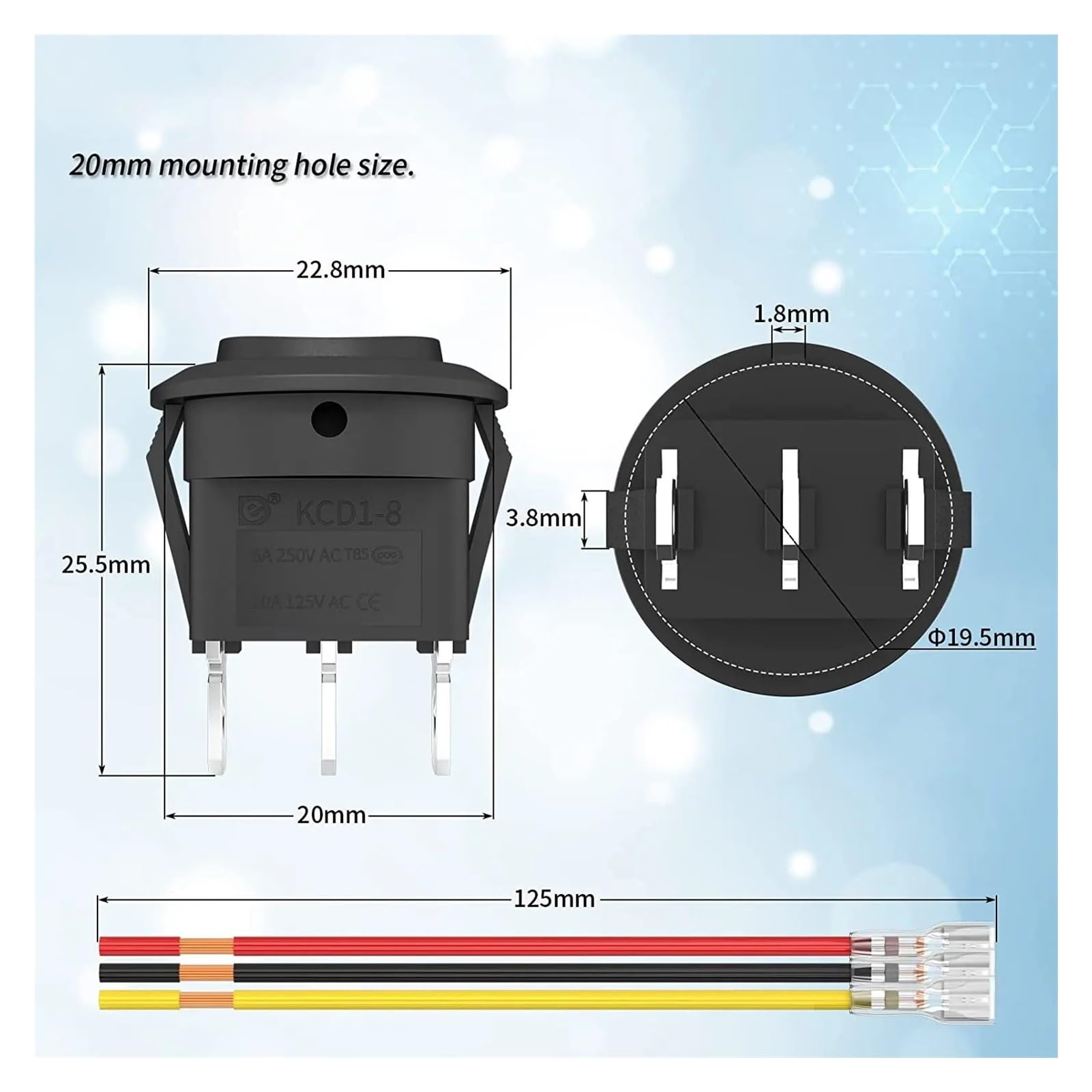 BUUV 5PCS Round KCD1 Rocker Switch 12V 3 Pin 3 Position ON Off ON 10A/125V DC SPDT Circle Toggle Switch with Wires for Auto