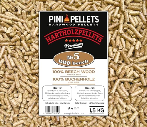 PINI Pellets de madera dura 100% haya № 5 BBQ Beech, 1,5 kg, para asar, ahumar y para horno de pizza