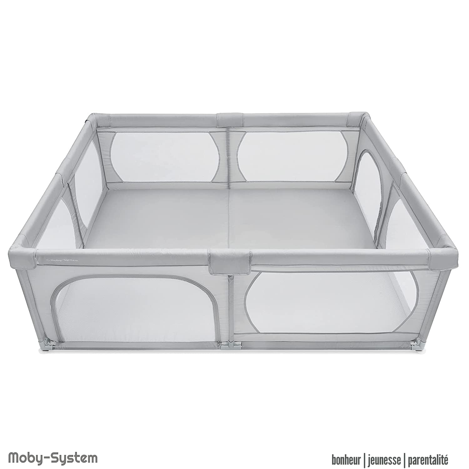 Moby-System Parc pour bébé, centre d'activités pour enfants, pour l'intérieur, avec base antidérapante, grille de protection, stable, matériau imperméable, sac de transport, 200 x 140 cm, gris