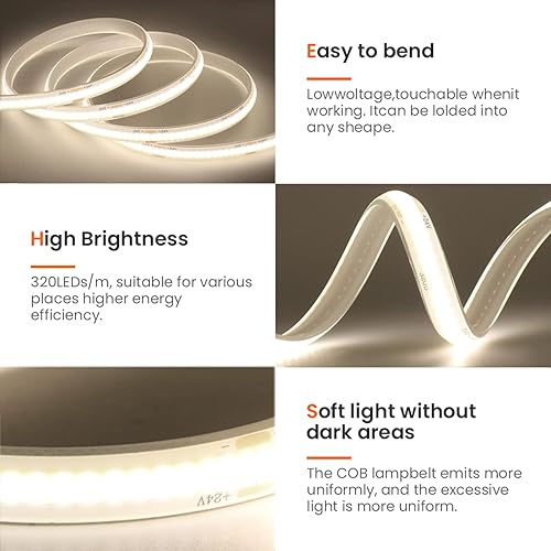 Miniatura 10 de HEGEHE COB - Tira de luz LED 0.5M1.64FT, DC24V 320LEDSm, tira LED flexible súper brillante luz diurna blanca 6500K COB cinta luces impermeable IP68