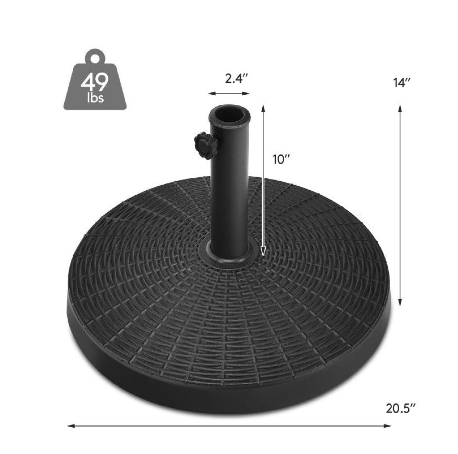 Questa Base per ombrellone da Giardino da 49 libbre (22 kg) è Realizzata in Resina Resistente per Esterni, di Colore Nero, con Un'Altezza di 20,5 Pollici (52 cm) per Pali da 1,5/1,9 Pollici