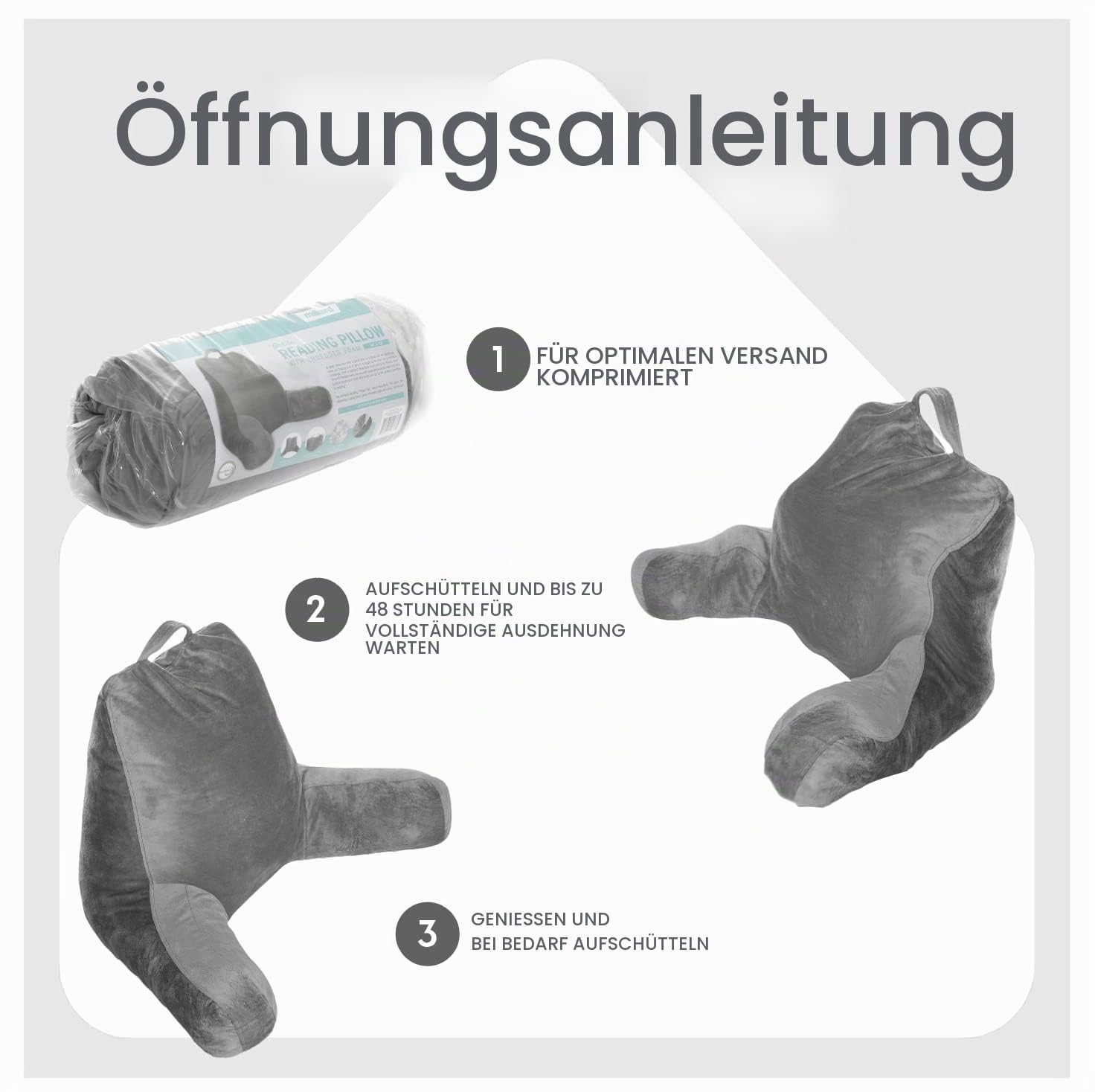 Milliard Rückenkissen, Lesekissen/Stützkissen mit Füllung aus Zerkleinertem Memory Foam- Ideal als Rückenstütze Beim Lesen oder für Videospiele (Standard) (Grau)
