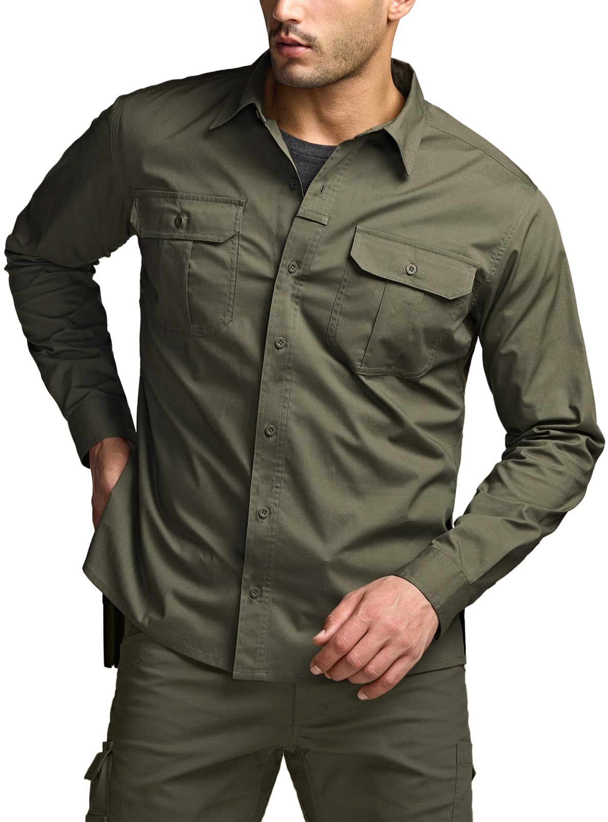 CQR Men's Long Sleeve Tactical Shirts, Ripstop Military Work Shirts, UPF 50+ Breathable Button Down Outdoor Hiking Shirt