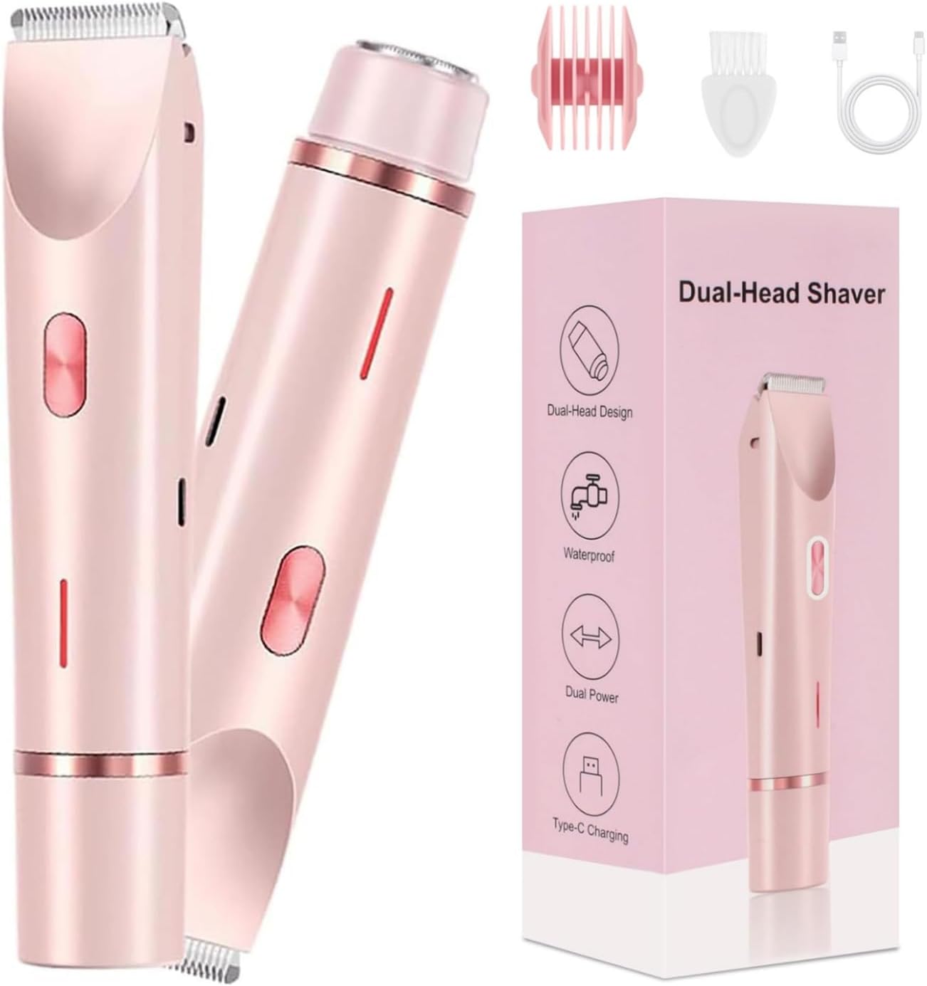 Bikini Trimmer for Women,2 in 1 Dual Head Bikini Shaver & Body Shaver,Cordless & Waterproof Electric Bikini Trimmer for Women, Painless Hair Removal with Silky Glow Finish,Pink