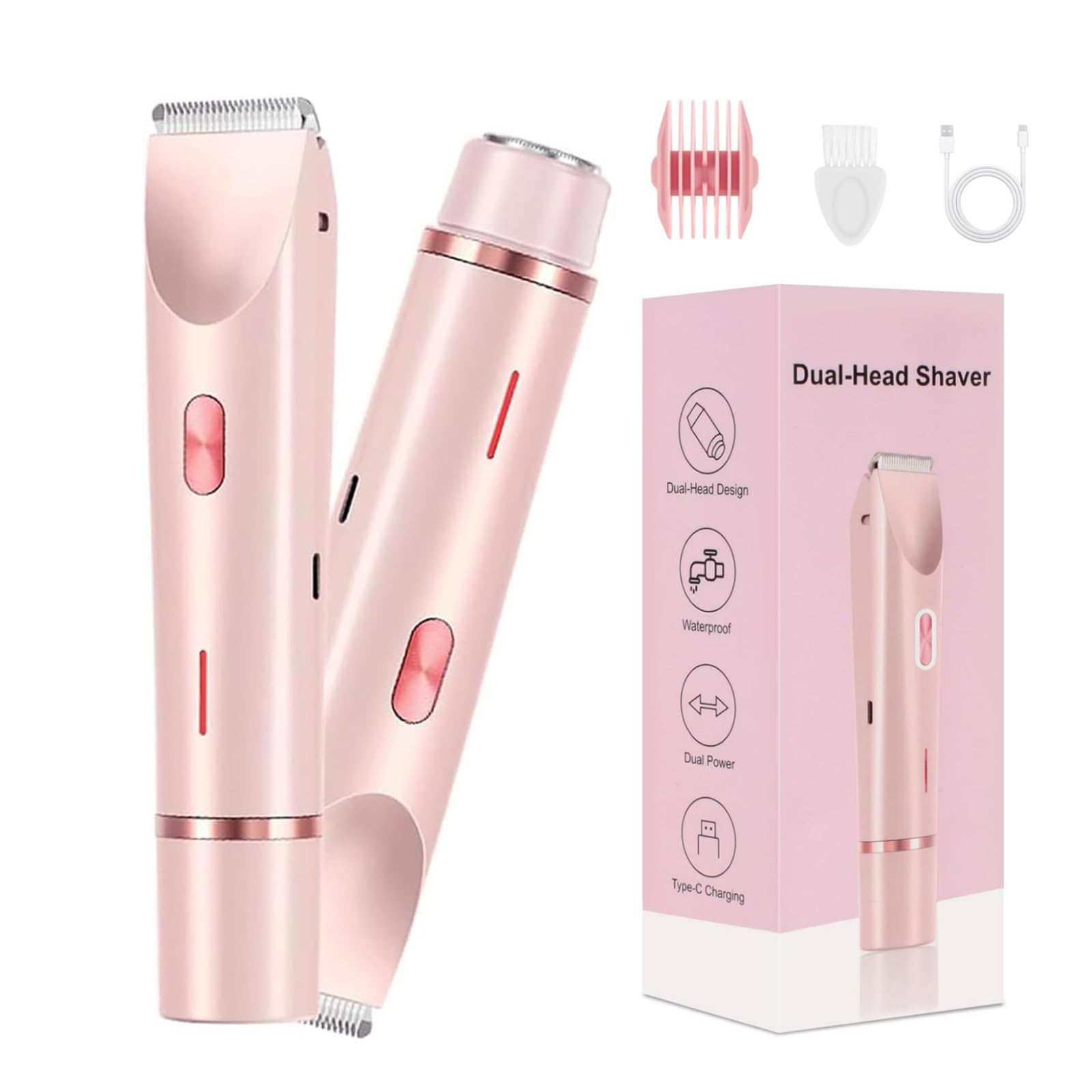Rasoio per bikini da donna, rasoio elettrico 2 in 1 a doppia testa e rasoio per il corpo, rasoio elettrico senza fili e impermeabile, per donne, depilazione indolore con finitura setosa, rosa 12