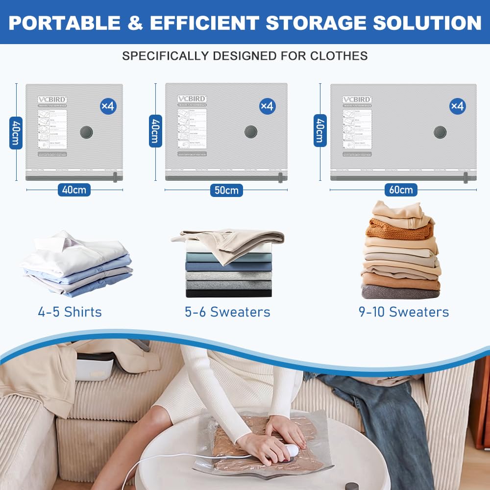 Vacbird Sacchi Sottovuoto Vestiti con Pompa Elettrica Usb, 12 Pezzi di Buste Sottovuoto (4x 40 * 40cm / 4x 40 * 50cm / 4x 40 * 60cm) Sacchetti Sottovuoto Vestiti Viaggio, Riutilizzabili, Salvaspazio