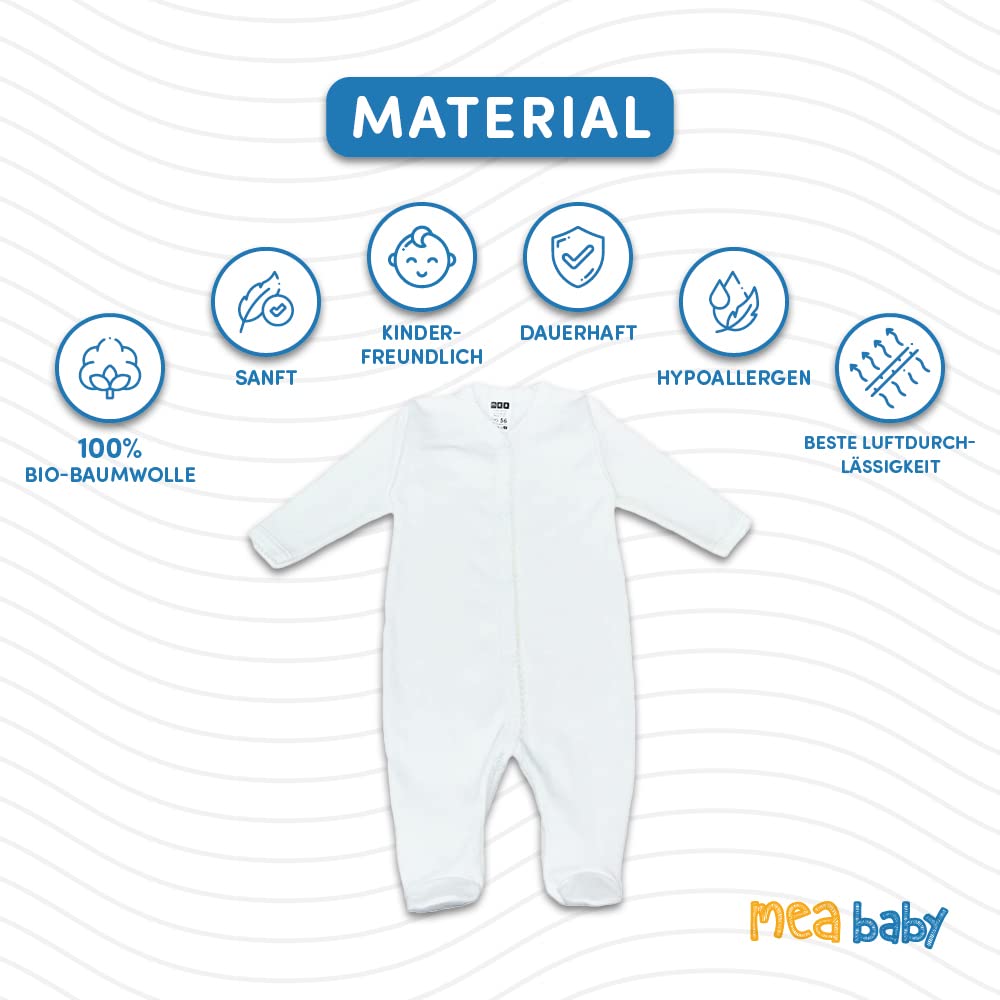MEA BABY śpioszki niemowlęce unisex wykonane ze 100% bawełny organicznej, pakowane po 2 sztuki. Białe (kremowe) piżamy, chłopięce piżamy, dziewczęce piżamy (68)