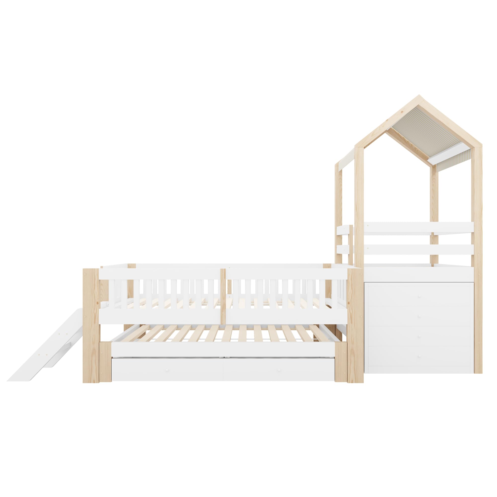 Letto Montessori 90x200 con Letto Estraibile 90x190 cm e 2 Cassetti (Bianco+Naturale-1)