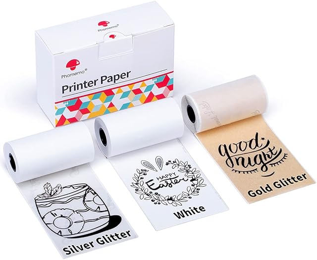 Phomemo Printer Paper - M02/M02Pro/M02S/M03/M03AS/M04S Mini Sticker Printer Paper, White/Silver Glitter/Golden Glitter Mini Pocket Thermal Pinter Paper - Self-Adhesive Sticker Paper, 3 Rolls