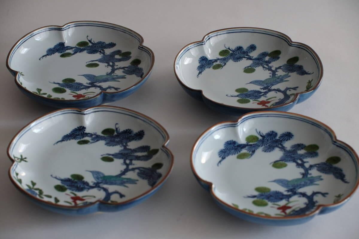 源右衛門窯 染錦松鳥文木瓜型皿 有田焼 染錦松絵 皿