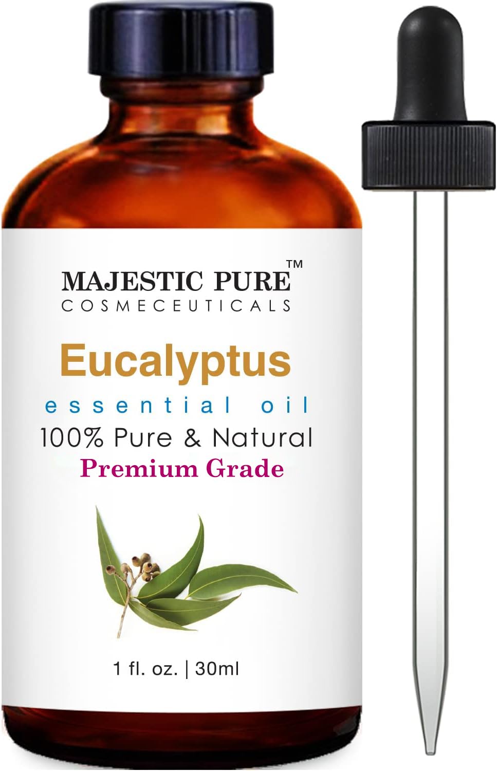 Majestic PureEucalyptus Essential Oil with Glass Dropper - 1 Fl Oz - 100% Pure and Natural Eucalyptus Oil - Premium Grade Essential Oils for Diffuser, Aromatherapy, Soap and Candle Making