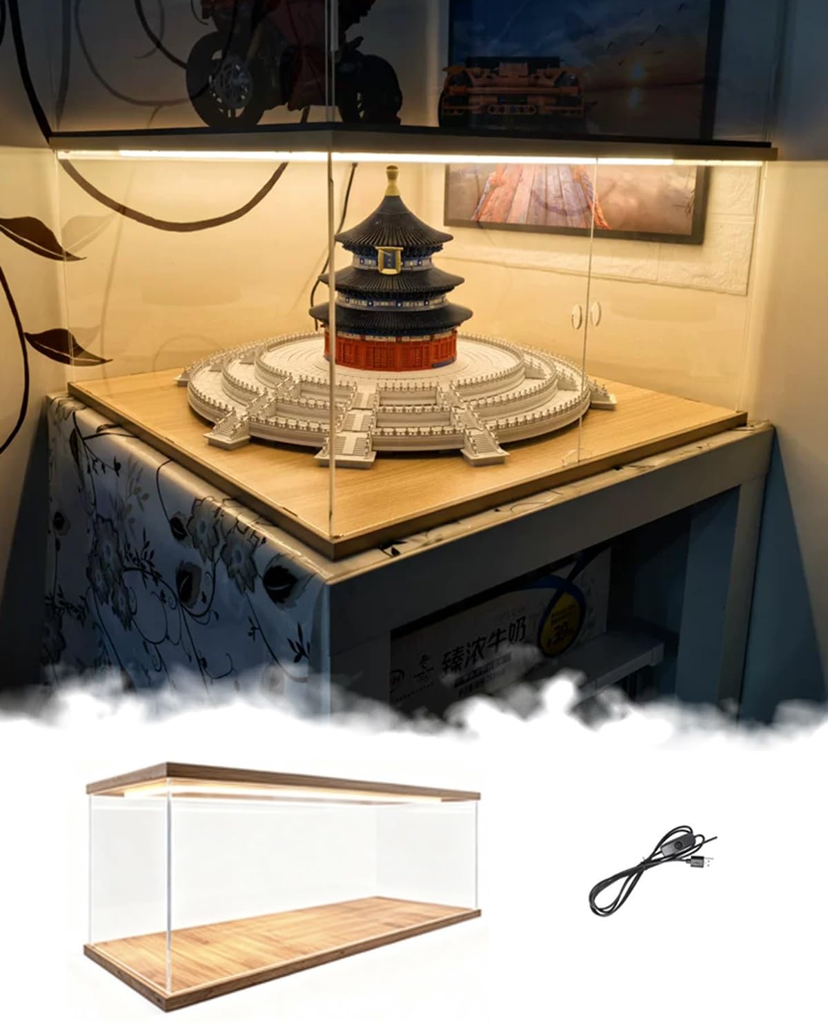 Teca Plexiglass Grande Piccola Vetrina in Acrilico per Figure da Collezione con Luci Led | Scatola Espositiva Trasparente Impilabile con Base in Legno, Copripolvere per Auto da Hobby(48x48x48 cm/19x19x19 in)