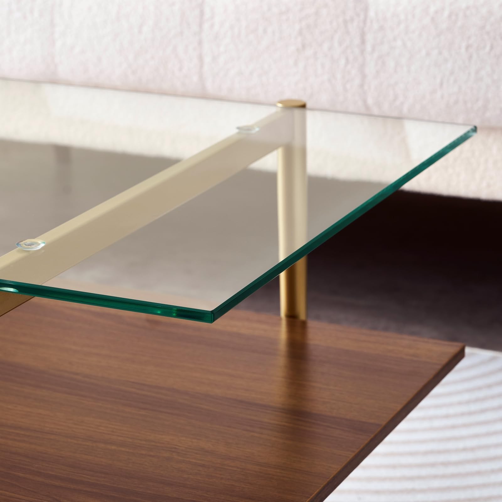 Mesa auxiliar rectangular, diseño moderno de mediados de siglo, 21 pulgadas de largo x 17 pulgadas de alto, para sala de estar, estructura de 2 niveles, parte superior de vidrio transparente y 5