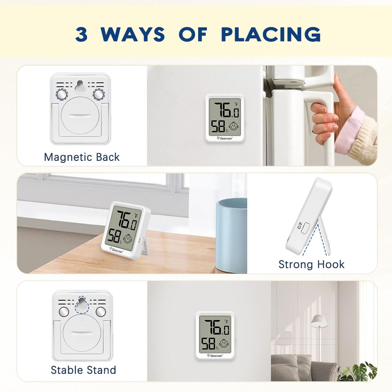Geevon Termómetro e higrómetro digital inalámbrico para interiores, paquete de 6, con índice de comodidad, pantalla grande de 1.9 pulgadas, conmutación °C/°F, montaje magnético, colgar en la pared, de