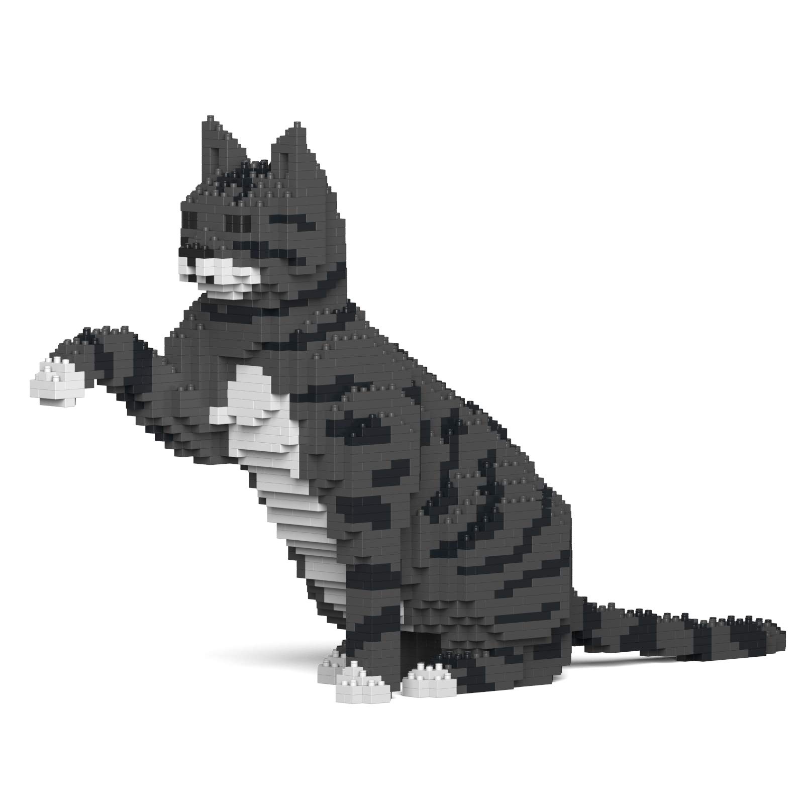 Assembled JEKCA Cat 04S-M02 Dark Grey Tabby model showing dimensions