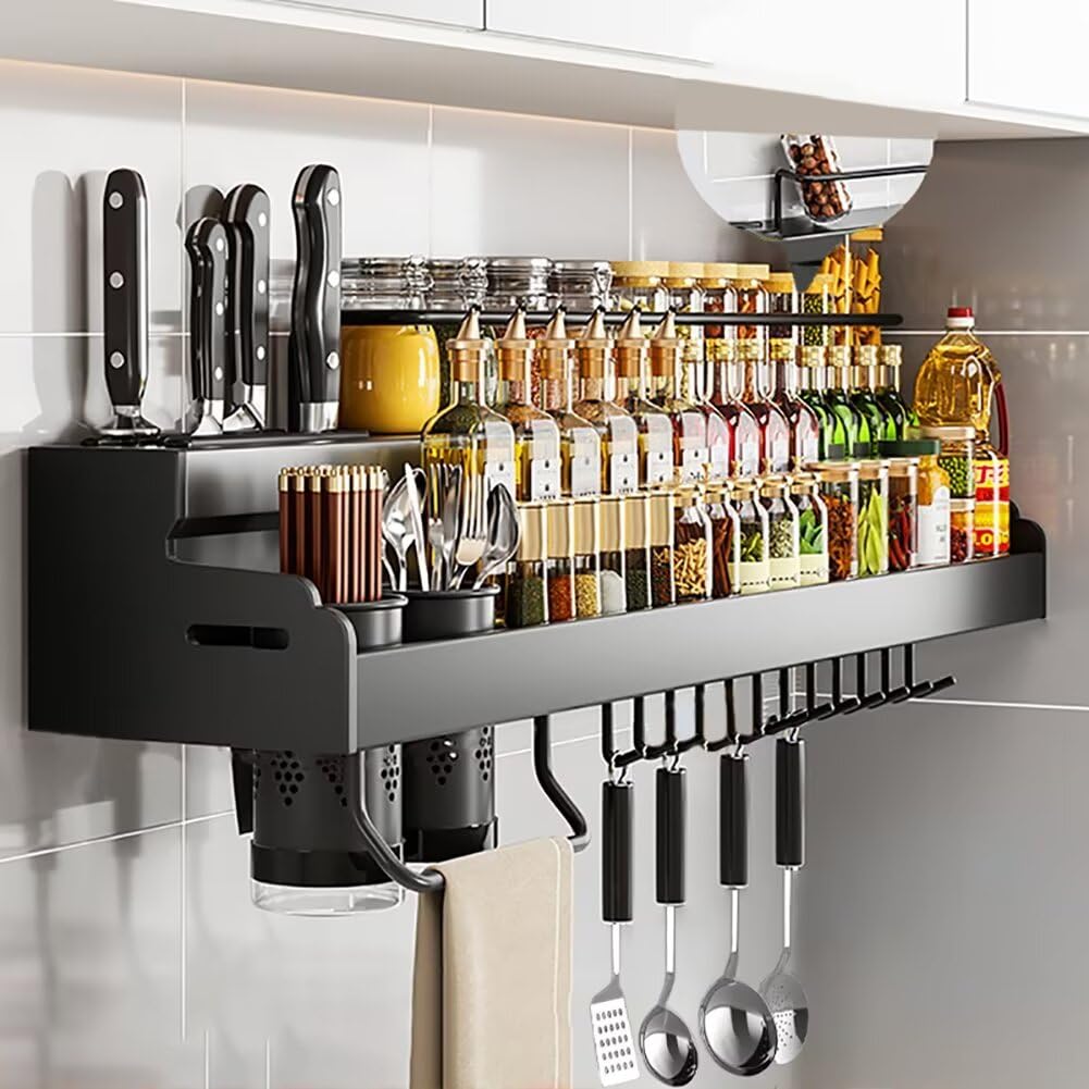 HADECOLL 2-Tier Hanging Spice Rack Organizer, Wall Mounted Or Inside Cupboard Storage Shelf For Kitchen Condiments And Seasonings,80cm