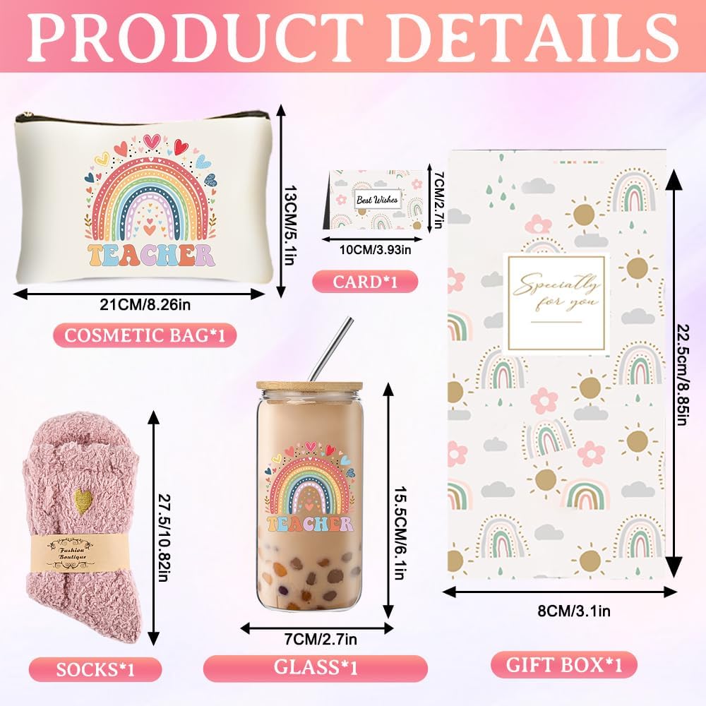 DHQH Teacher Christmas Gifts,Teacher Appreciation Gift for Women, Birthday Thank You Gifts Basket with 16OZ Glass Cup Makeup Bag - Image 2