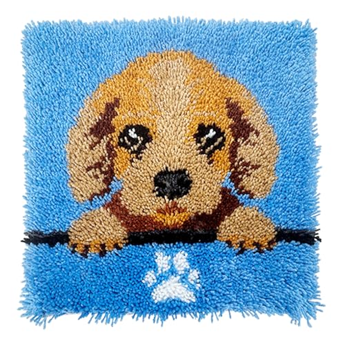 Image of Golden Retriever Puppy Latch Hook Kits for Adults Kids, Beginners DIY Throw Pillow Kit Pre-Printed Pillowcase Hook and Latch Rug Kits Cross-stitch Cushion Cover for Home Sofa Decoration 17x17 in.