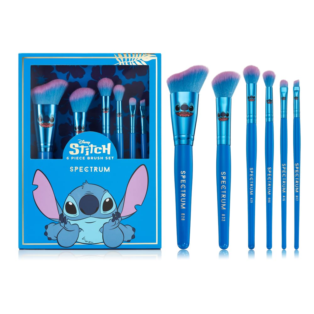 Spectrum Collections Stitch Make Up Brushes, Spectrum Makeup Brushes Set Including Cheek and Eye Brushes with Unique Wave Brush, Hypoallergenic Bristles, 6 Piece Official Disney Makeup Brush Set