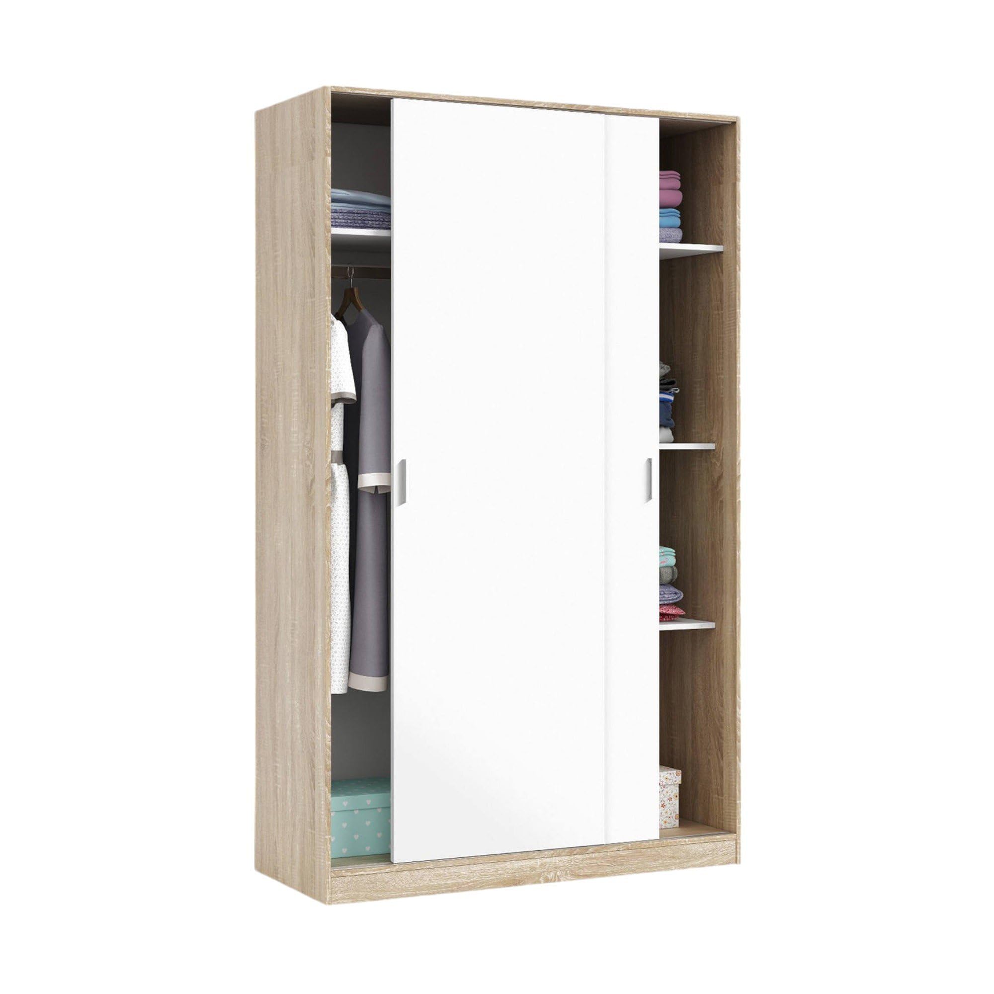 Dmora - Guardaroba 2 ante Waterbury, Armadio per camera da letto, Mobile con 4 ripiani e barra appendiabiti, 120x50h200 cm, Rovere e Bianco