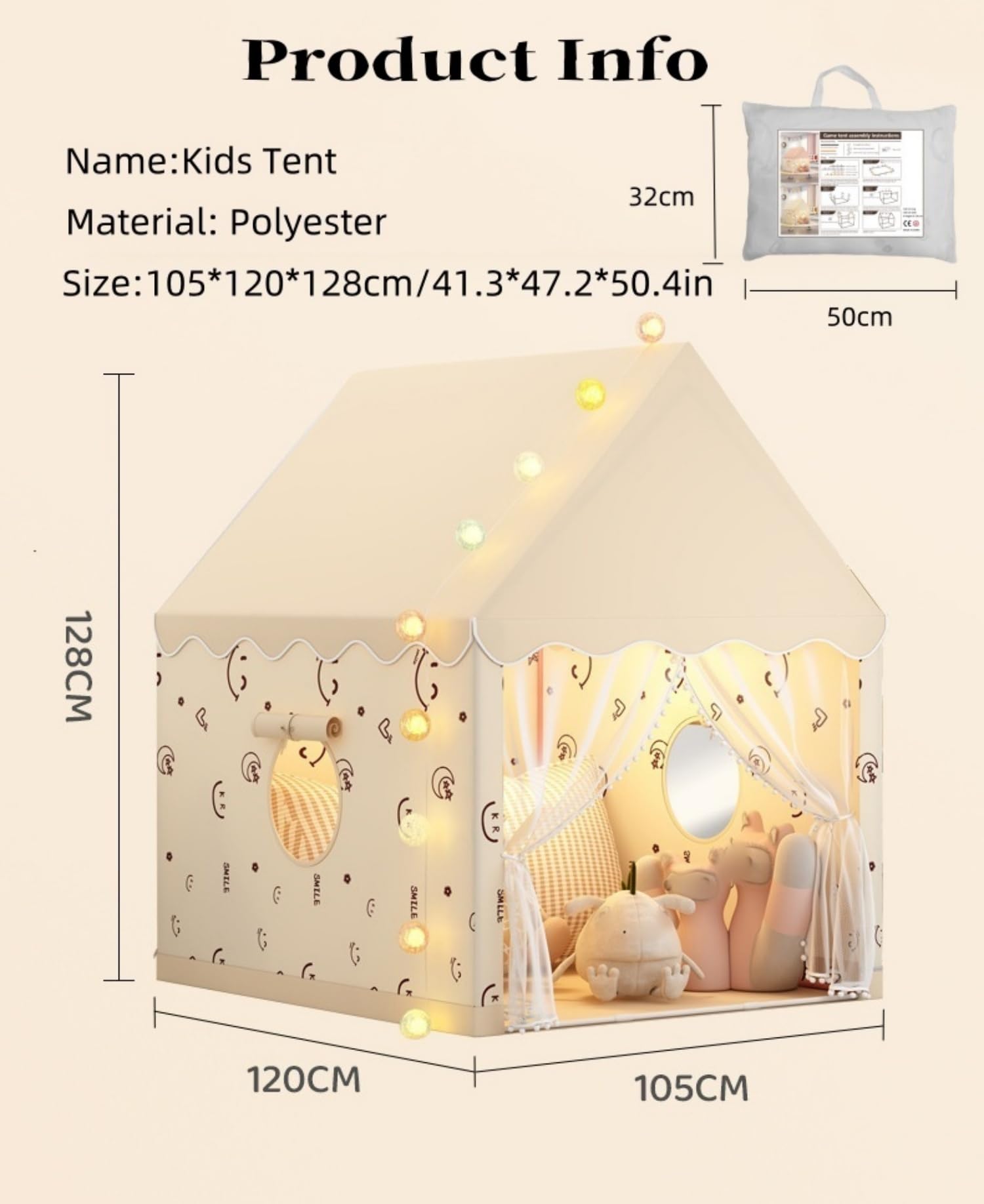 Tenda da gioco per bambini, Design della casa con tende, Casetta per bambini da interni per giocare, dormire e riposare, Beige