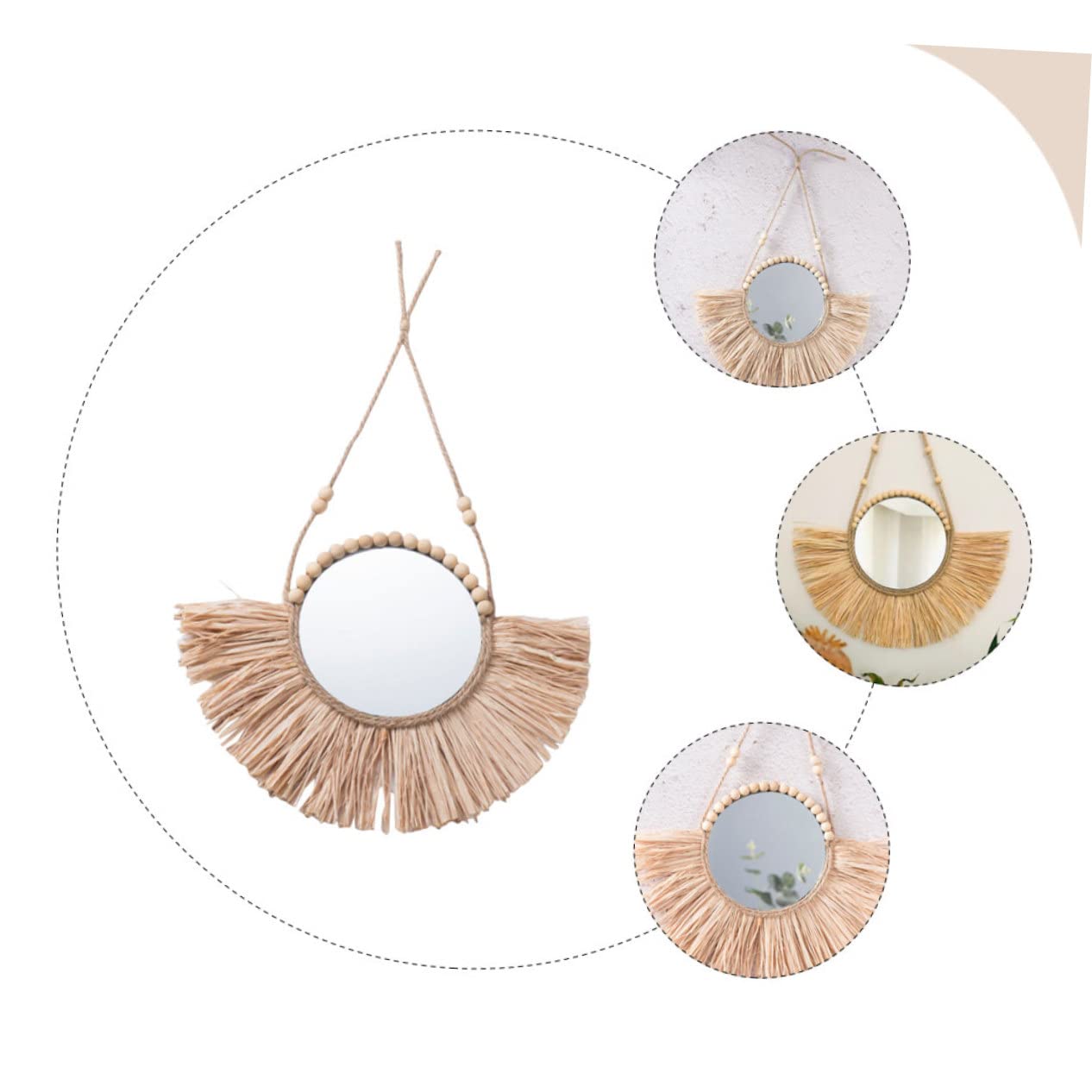 LIFKOME Handgefertigter Runder Wandspiegel mit Bastdesign, Beige, Dekorativ
