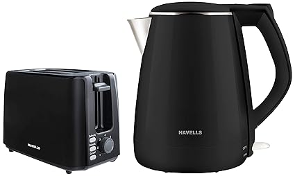 Havells Crisp Plus 750-Watt Pop-up Toaster & Havells Aqua Plus 1.2 litre Double Wall Kettle/ 2 Year warranty (Black, 1500 Watt)