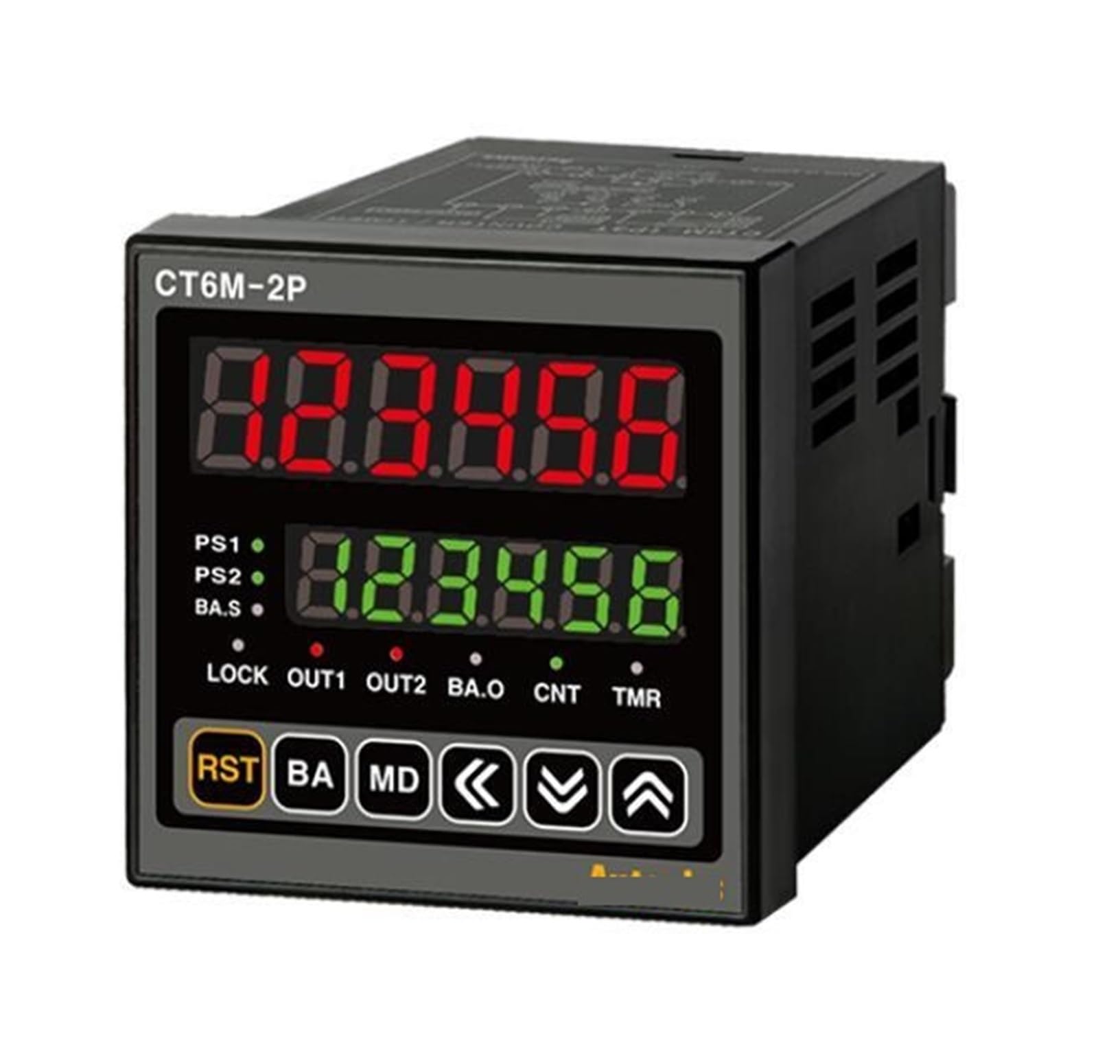 Contatore/timer CT6M-2P2, L72xA72mm, 6 cifre, LED, 2 preimpostazioni, ingresso PNP o NPN, impostazione valore prescale, batch, 2 relè SPDT(1c)+SPS(PNP Input)